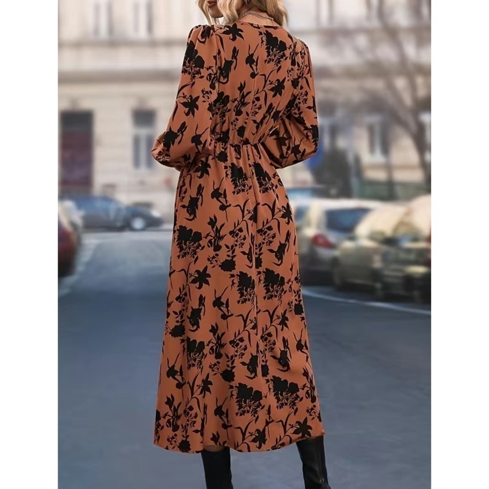 Women’s Allover Floral Print Bishop Long Sleeve V Neck High Slit Midi Dress New - Picture 6 of 7
